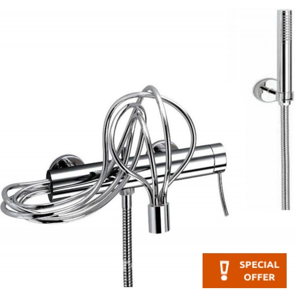 Bathtub tap Wall-mounted exposed material: Brass with hand shower, hose and holder mixer, color: Chrome surface: Glossy Wall-mouned exposed