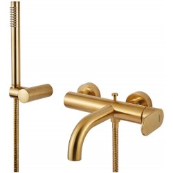 Bathtub tap Wall-mounted exposed material: Brass with hand shower, hose and holder Brushed Gold mixer, color: Gold surface: Matt Wall-mouned exposed