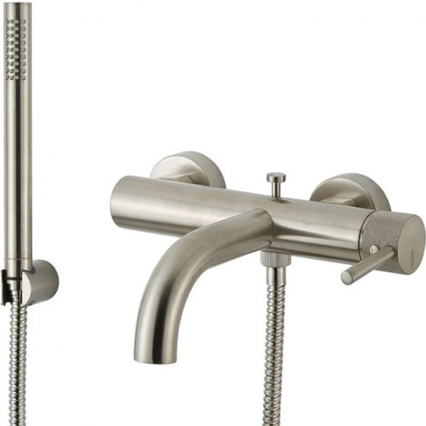Bathtub tap Wall-mounted exposed material: Brass with hand shower, hose and holder mixer, color: Chrome surface: Brushed Wall-mouned exposed