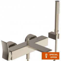 Bathtub tap Wall-mounted exposed material: Brass with hand shower, hose and holder Silver Storm mixer, color: Chrome surface: Brushed