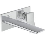 Wash basin tap Wall-mounted - external part mixer With plate Without waste, color: Chrome 18cm material: Brass surface: Glossy Wall-mounted - external part Wash basin tap Wall-mounted - external part mixer With plate Without waste, color: Chrome 18cm material: Brass surface: Glossy Wall-mounted - external part