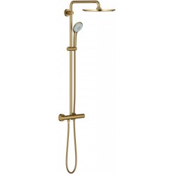 Shower tap with showerpipe and overhead shower Wall-mounted material: Brass thermostatic brushed cool sunrise, color: Gold surface: Brushed Wall-mounted exposed with showerpipe and overhead shower