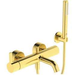 Bathtub tap Wall-mounted exposed material: Brass with hand shower, hose and holder Brushed Gold mixer, color: Gold surface: Brushed Wall-mouned exposed