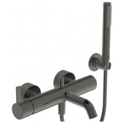 Bathtub tap Wall-mounted exposed material: Brass with hand shower, hose and holder Magnetic Grey mixer, color: Grey surface: Brushed