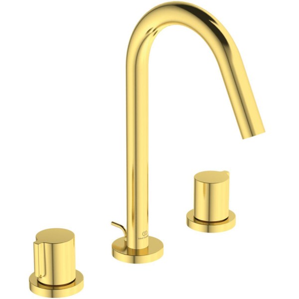 Wash basin tap Deck-mounted dual-level L size material: Brass With pop-up waste set Brushed Gold, color: Gold surface: Brushed Deck-mounted Wash basin tap Deck-mounted dual-level L size material: Brass With pop-up waste set Brushed Gold, color: Gold surface: Brushed Deck-mounted