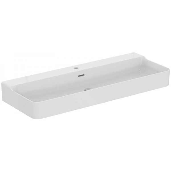 Washbasin Wall-mounted 120x45x16,5 With 1 bowl With hole in the middle With overflow / no pedestal material: Porcelain, color: White surface: Glossy Washbasin Wall-mounted 120x45x16,5 With 1 bowl With hole in the middle With overflow / no pedestal material: Porcelain, color: White surface: Glossy