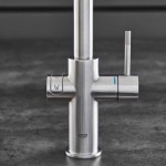 Μπαταρία κουζίνας επικαθήμενη από ορείχαλκο με φίλτρο νερού C-Spout με starter kit & με φίλτρο Blue Ultrasafe 3000 lt, νερό 3 τύπων, ανθρακούχο, με ψύκτη & bluetooth, με φίλτρο Blue S-Size, χρώμα: Χρωμέ επιφάνεια: Γυαλιστερή Επικαθήμενες