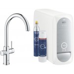 Μπαταρία κουζίνας επικαθήμενη από ορείχαλκο με φίλτρο νερού C-Spout με starter kit & με φίλτρο Blue Ultrasafe 3000 lt, νερό 3 τύπων, ανθρακούχο, με ψύκτη & bluetooth, με φίλτρο Blue S-Size, χρώμα: Χρωμέ επιφάνεια: Γυαλιστερή Επικαθήμενες