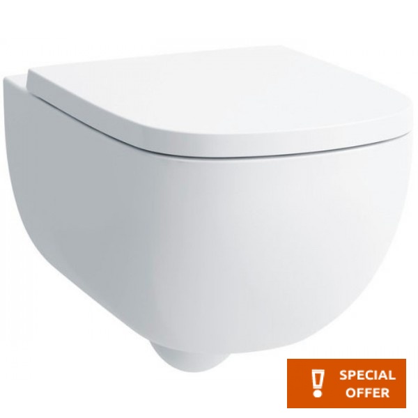Wall-mounted toilet & toilet seat soft closing, style: Wrapover hidden fixation with rim 54x36 surface: Glossy, color: White Wall-mounted