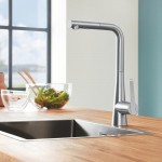 Kitchen tap Deck-mounted material: Brass with shower supersteel L-Spout, color: Chrome surface: Brushed Deck-mounted