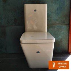 Floor standing close-coupled toilet & flushing cistern & toilet seat soft closing, style: Wrapover back to wall horizontal outlet p with rim 70x39 surface: Glossy, color: White Floor standing close-coupled