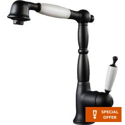 Μπαταρία κουζίνας επικαθήμενη από ορείχαλκο με ντους με λευκή λαβή, χρώμα: Μαύρο επιφάνεια: Ματ Επικαθήμενες