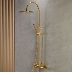 Shower tap with showerpipe and overhead shower Wall-mounted material: Brass mixer brushed gold, color: Gold surface: Brushed Wall-mounted exposed with showerpipe and overhead shower