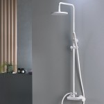 Shower tap with showerpipe and overhead shower Wall-mounted material: Brass mixer, color: White surface: Matt Wall-mounted exposed with showerpipe and overhead shower