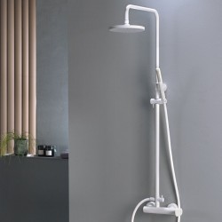 Shower tap with showerpipe and overhead shower Wall-mounted material: Brass mixer, color: White surface: Matt Wall-mounted exposed with showerpipe and overhead shower
