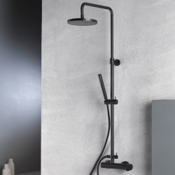 Shower tap with showerpipe and overhead shower Wall-mounted material: Brass mixer, color: Black surface: Matt Wall-mounted exposed with showerpipe and overhead shower