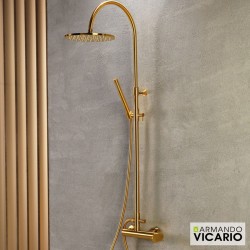 Shower tap with showerpipe and overhead shower Wall-mounted material: Brass mixer brushed gold, color: Gold surface: Matt Wall-mounted exposed with showerpipe and overhead shower