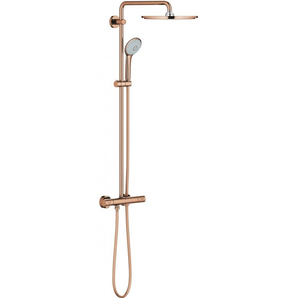 Shower tap with showerpipe and overhead shower Wall-mounted material: Brass thermostatic warm sunset, color: Pink Gold surface: Glossy Wall-mounted exposed with showerpipe and overhead shower Shower tap with showerpipe and overhead shower Wall-mounted material: Brass thermostatic warm sunset, color: Pink Gold surface: Glossy Wall-mounted exposed with showerpipe and overhead shower