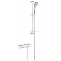 Shower tap Wall-mounted exposed material: Brass thermostatic with hand shower, hose and slider rail, color: Chrome surface: Glossy Wall-mouned exposed