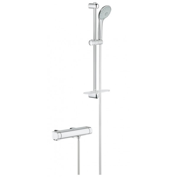 Shower tap Wall-mounted exposed material: Brass thermostatic with hand shower, hose and slider rail, color: Chrome surface: Glossy Wall-mouned exposed Shower tap Wall-mounted exposed material: Brass thermostatic with hand shower, hose and slider rail, color: Chrome surface: Glossy Wall-mouned exposed