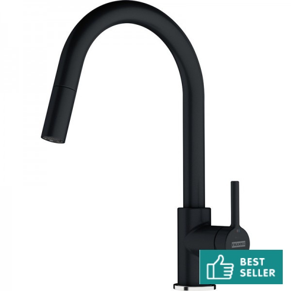 Μπαταρία κουζίνας επικαθήμενη από ορείχαλκο με ντους Onyx, χρώμα: Μαύρο επιφάνεια: Ματ Επικαθήμενες