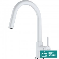 Μπαταρία κουζίνας επικαθήμενη από ορείχαλκο με ντους Polar White, χρώμα: Λευκό επιφάνεια: Ματ Επικαθήμενες