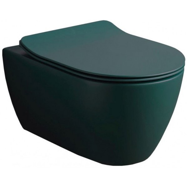 Wall-mounted toilet & toilet seat soft closing, style: Sandwich hidden fixation Rimless Slim musk 50,5x36 surface: Matt, color: Green Wall-mounted
