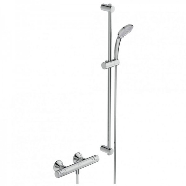 Shower tap Wall-mounted exposed material: Brass thermostatic with hand shower, hose and slider rail, color: Chrome surface: Glossy Wall-mouned exposed