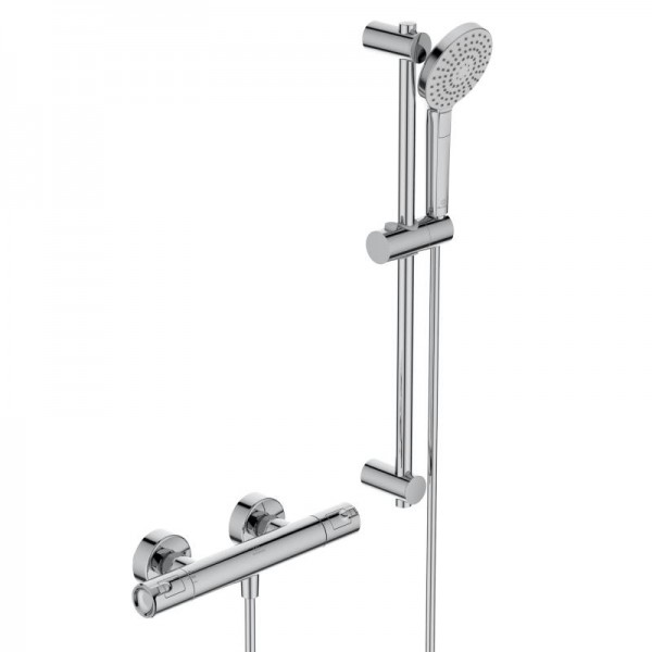 Shower tap Wall-mounted exposed material: Brass thermostatic with hand shower, hose and slider rail, color: Chrome surface: Glossy Wall-mouned exposed Shower tap Wall-mounted exposed material: Brass thermostatic with hand shower, hose and slider rail, color: Chrome surface: Glossy Wall-mouned exposed
