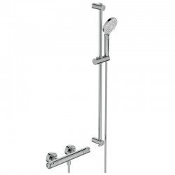 Shower tap Wall-mounted exposed material: Brass thermostatic with hand shower, hose and slider rail, color: Chrome surface: Glossy