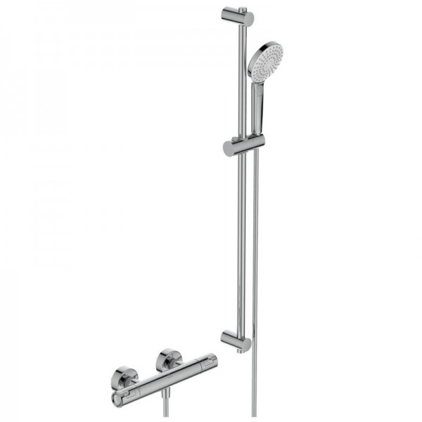 Shower tap Wall-mounted exposed material: Brass thermostatic with hand shower, hose and slider rail, color: Chrome surface: Glossy Wall-mouned exposed Shower tap Wall-mounted exposed material: Brass thermostatic with hand shower, hose and slider rail, color: Chrome surface: Glossy Wall-mouned exposed