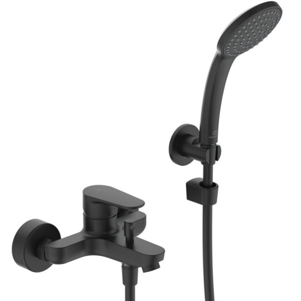 Μπαταρία μπανιέρας επίτοιχη από ορείχαλκο με τηλέφωνο, σπιράλ, στήριγμα silk black αναμεικτική, χρώμα: Μαύρο επιφάνεια: Ματ Επίτοιχες