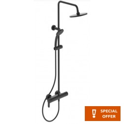 Μπαταρία ντουζιέρας με βέργα και κεφαλή ντους επίτοιχη από ορείχαλκο θερμοστατική Φ20cm, silk black, χρώμα: Μαύρο επιφάνεια: Ματ Επίτοιχες με βέργα και κεφαλή ντους