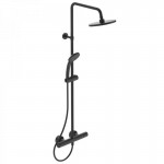 Shower tap with showerpipe and overhead shower Wall-mounted material: Brass thermostatic silk black, color: Black surface: Matt Wall-mounted exposed with showerpipe and overhead shower