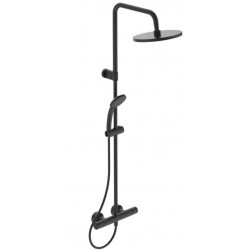 Μπαταρία ντουζιέρας με βέργα και κεφαλή ντους επίτοιχη από ορείχαλκο θερμοστατική ρυθμιζόμενου ύψους, Φ20cm, σπιράλ 1,75m, silk black, χρώμα: Μαύρο επιφάνεια: Ματ Επίτοιχες με βέργα και κεφαλή ντους