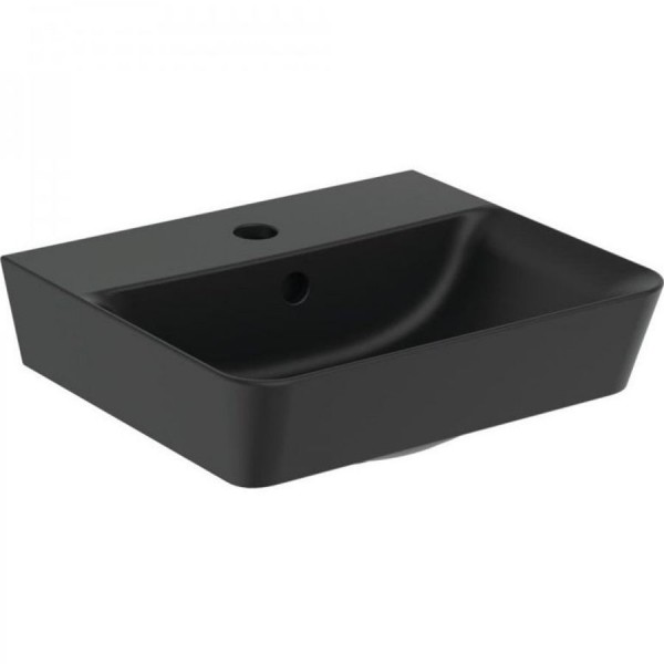 Νιπτήρας επίτοιχος 40x35x9,5 cube, silk black με 1 γούρνα με μισή κολώνα / με ολόκληρη κολώνα με οπή στη μέση από πορσελάνη, χρώμα: Μαύρο επιφάνεια: Ματ Επίτοιχοι