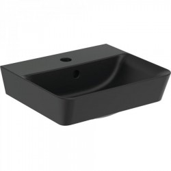 Washbasin Wall-mounted 40x35x9,5 silk black semi pedestal / full pedestal  With 1 bowl With hole in the middle material: Porcelain, color: Black surface: Matt Wall-mounted