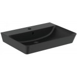 Νιπτήρας επίτοιχος 60x46x10 cube, silk black με 1 γούρνα με μισή κολώνα / με ολόκληρη κολώνα με οπή στη μέση από πορσελάνη, χρώμα: Μαύρο επιφάνεια: Ματ Επίτοιχοι