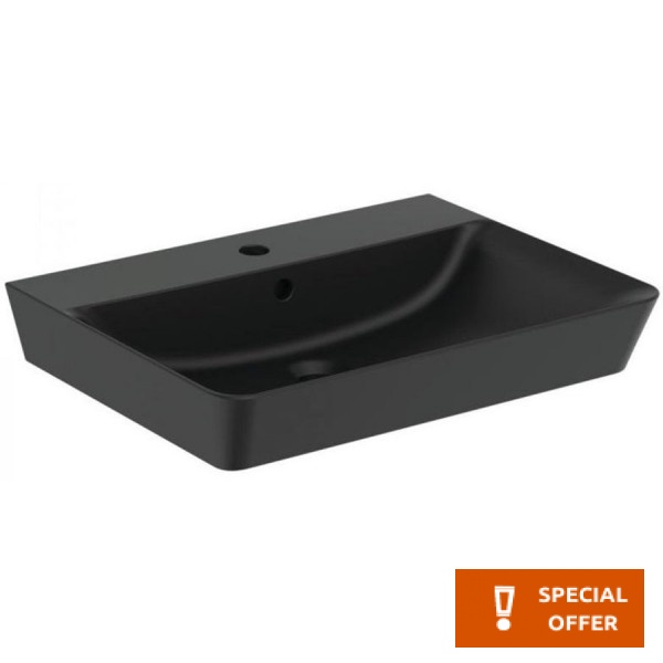 Washbasin Wall-mounted 60x46x10 silk black semi pedestal / full pedestal With 1 bowl With hole in the middle material: Porcelain, color: Black surface: Matt Wall-mounted Washbasin Wall-mounted 60x46x10 silk black semi pedestal / full pedestal With 1 bowl With hole in the middle material: Porcelain, color: Black surface: Matt Wall-mounted