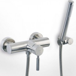 Shower tap Wall-mounted exposed material: Brass mixer with hand shower, hose and holder inox finish, color: Chrome surface: Brushed Wall-mouned exposed