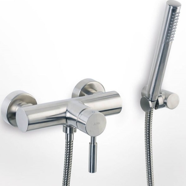 Μπαταρία ντουζιέρας επίτοιχη αναμεικτική από ορείχαλκο με τηλέφωνο, σπιράλ, στήριγμα inox finish, χρώμα: Χρωμέ επιφάνεια: Βουρτσισμένη Μπαταρία ντουζιέρας επίτοιχη αναμεικτική από ορείχαλκο με τηλέφωνο, σπιράλ, στήριγμα inox finish, χρώμα: Χρωμέ επιφάνεια: Βουρτσισμένη
