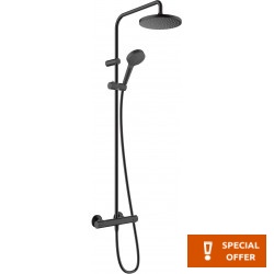 Shower tap with showerpipe and overhead shower Wall-mounted material: Brass thermostatic 200, color: Black surface: Matt Wall-mounted exposed with showerpipe and overhead shower
