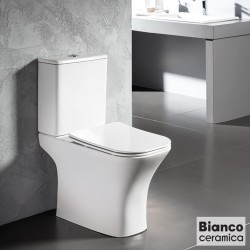 Floor standing close-coupled toilet & flushing cistern & toilet seat soft closing, style: Sandwich horizontal outlet p Rimless Simple Slim 65cm surface: Glossy, color: White