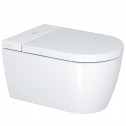 Wall-mounted toilet with shower & toilet seat, style: Wrapover smart toilet rimless 57,5x37,8 surface: Glossy, color: White Wall-mounted shower-toilets