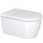 Wall-mounted toilet with shower & toilet seat, style: Wrapover smart toilet rimless 57,5x37,8 surface: Glossy, color: White Wall-mounted shower-toilets Wall-mounted toilet with shower & toilet seat, style: Wrapover smart toilet rimless 57,5x37,8 surface: Glossy, color: White Wall-mounted shower-toilets