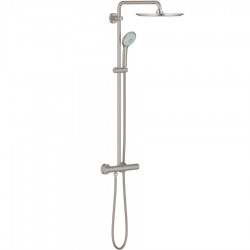 Μπαταρία ντουζιέρας με βέργα και κεφαλή ντους επίτοιχη από ορείχαλκο θερμοστατική Φ31cm, supersteel, χρώμα: Χρωμέ επιφάνεια: Βουρτσισμένη Επίτοιχες με βέργα και κεφαλή ντους