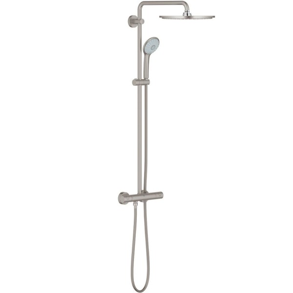 Μπαταρία ντουζιέρας με βέργα και κεφαλή ντους επίτοιχη από ορείχαλκο θερμοστατική Φ31cm, supersteel, χρώμα: Χρωμέ επιφάνεια: Βουρτσισμένη Επίτοιχες με βέργα και κεφαλή ντους